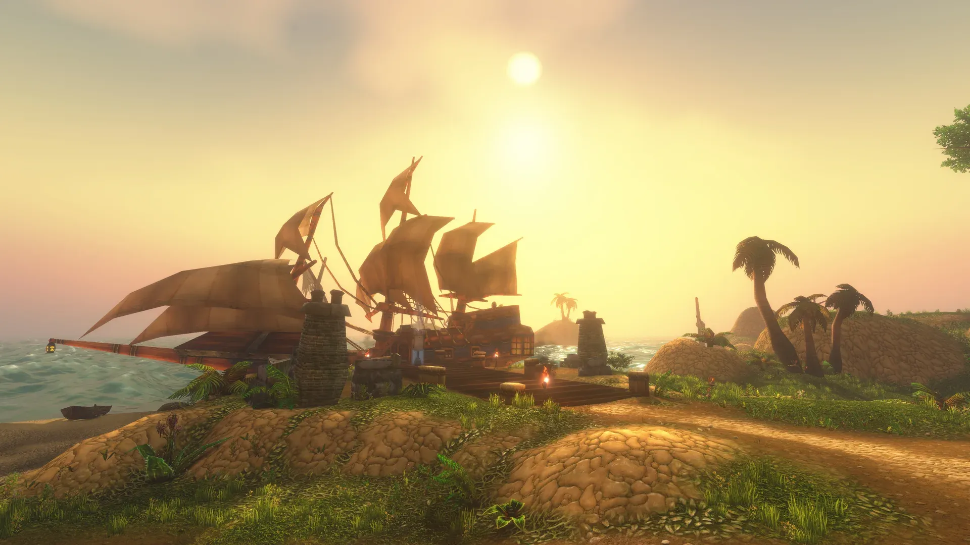 Ships moored off the Darkspear Islands battleground in World of Warcraft: Forever