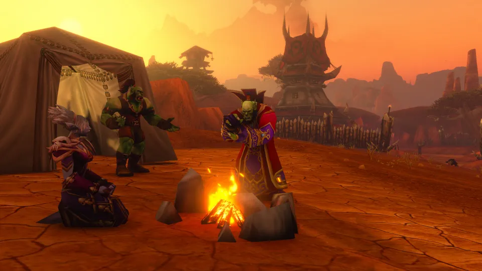 Horde players gathered at a campfire at sunset in World of Warcraft: Forever