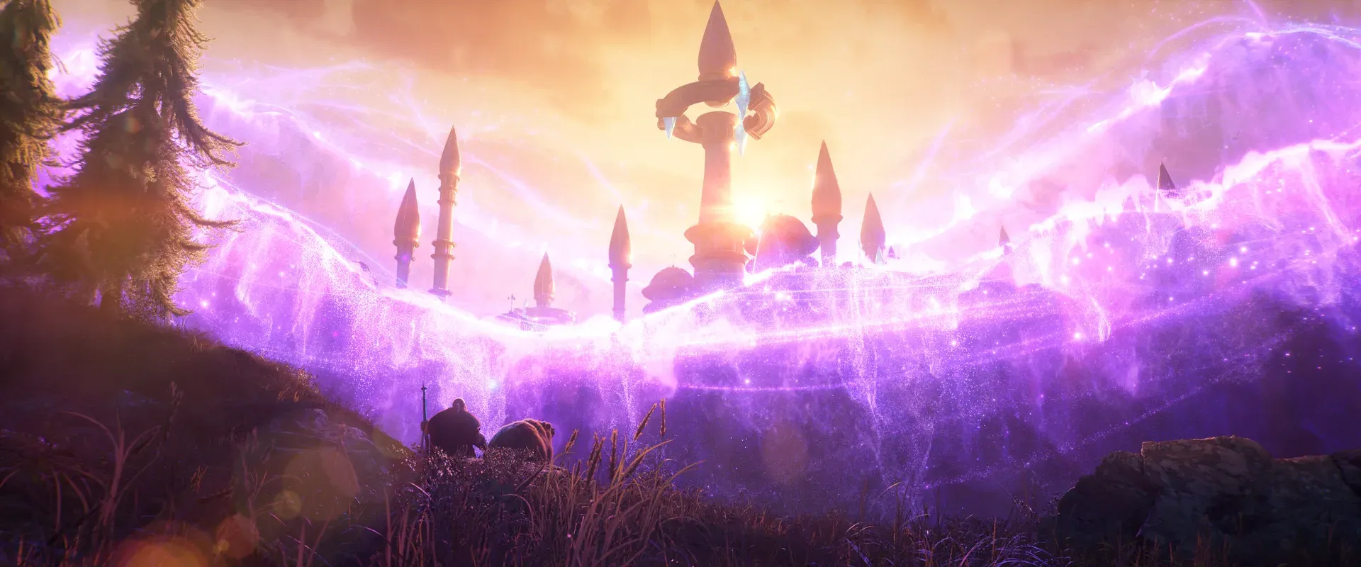 Violet arcane energy sweeping around the spires of a city in the World of Warcraft: Forever cinematic