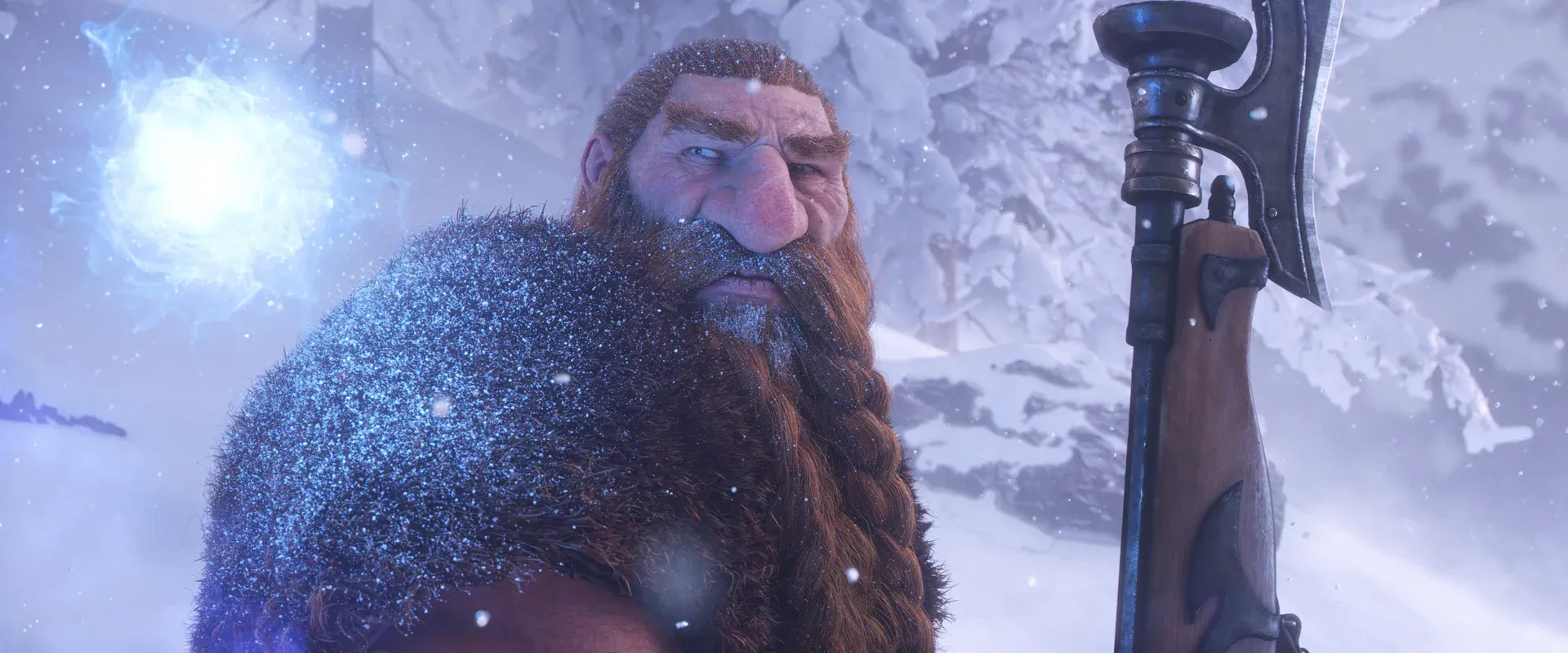 A bearded dwarf holding an axe in falling snow in the World of Warcraft: Forever cinematic