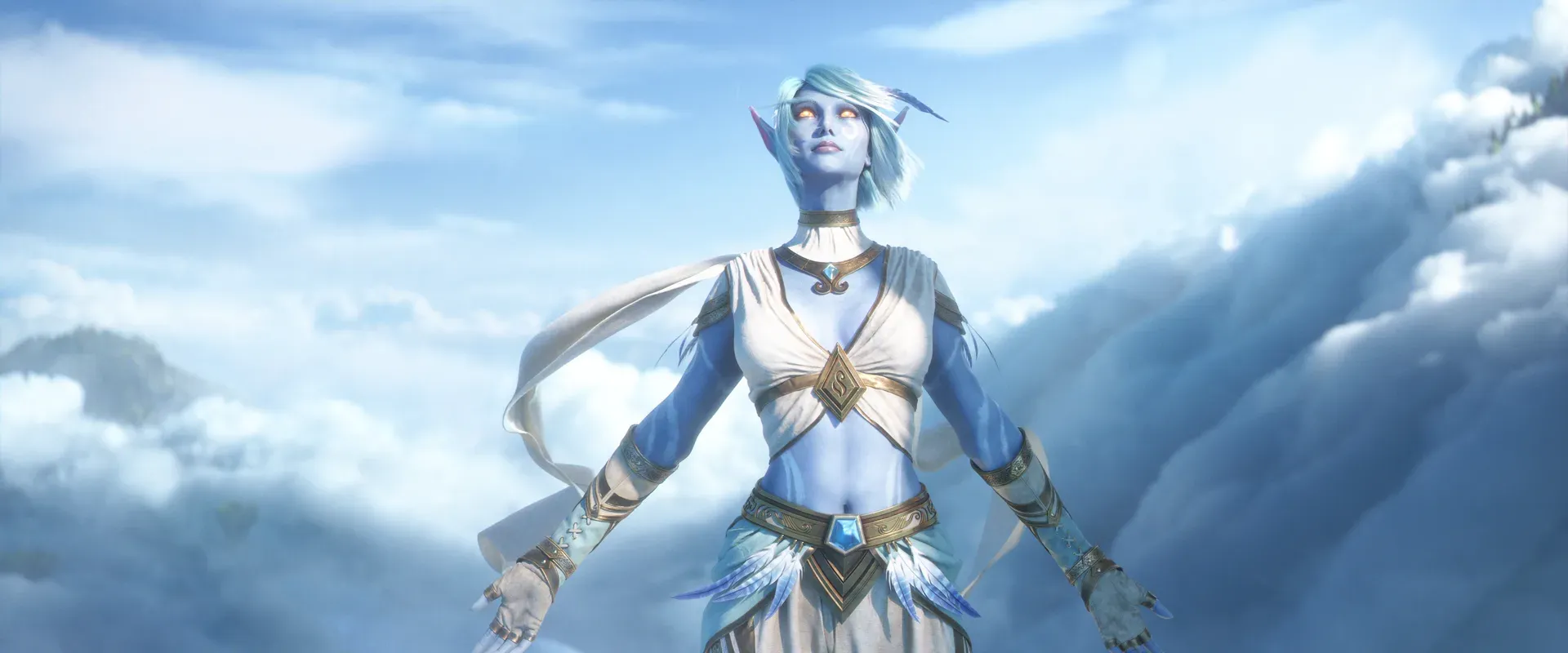 A blue-skinned figure in white robes among the clouds in the World of Warcraft: Forever cinematic