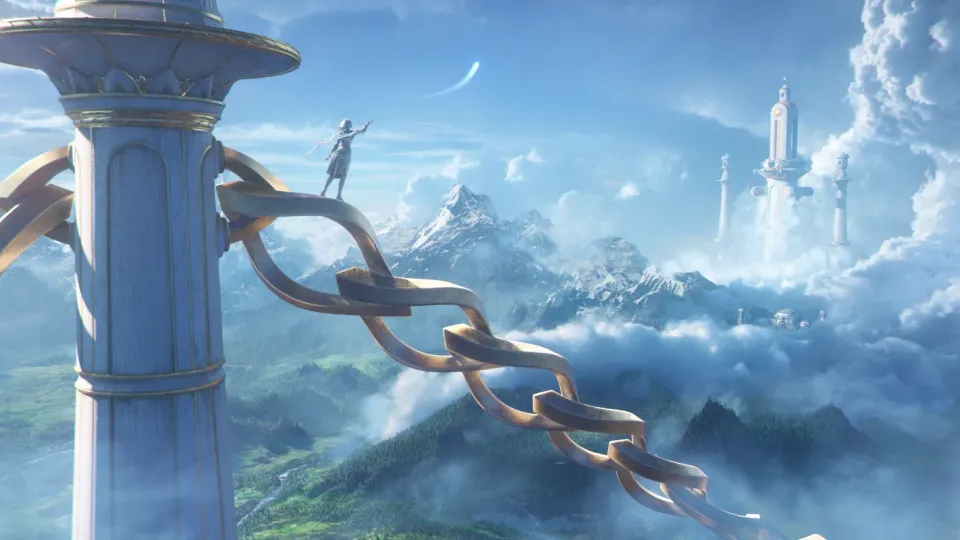 Eine Gestalt auf einem weißen Turm, der im Cinematic zu World of Warcraft: Forever über den Wolken angekettet ist