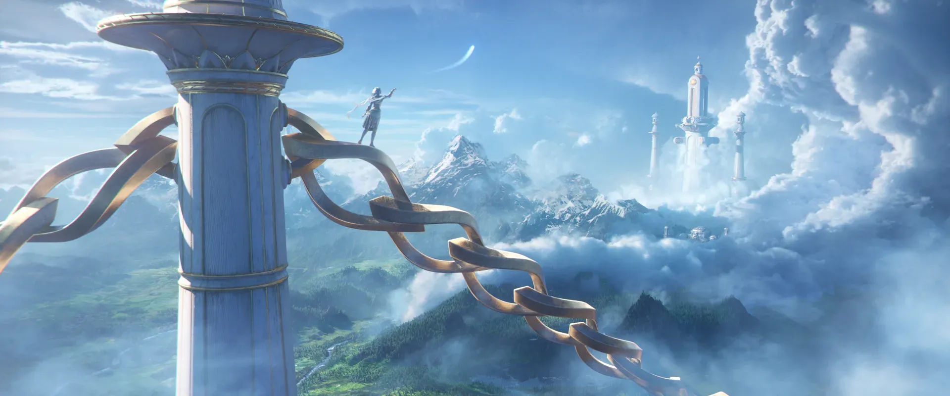 Eine Gestalt auf einem weißen Turm, der im Cinematic zu World of Warcraft: Forever über den Wolken angekettet ist