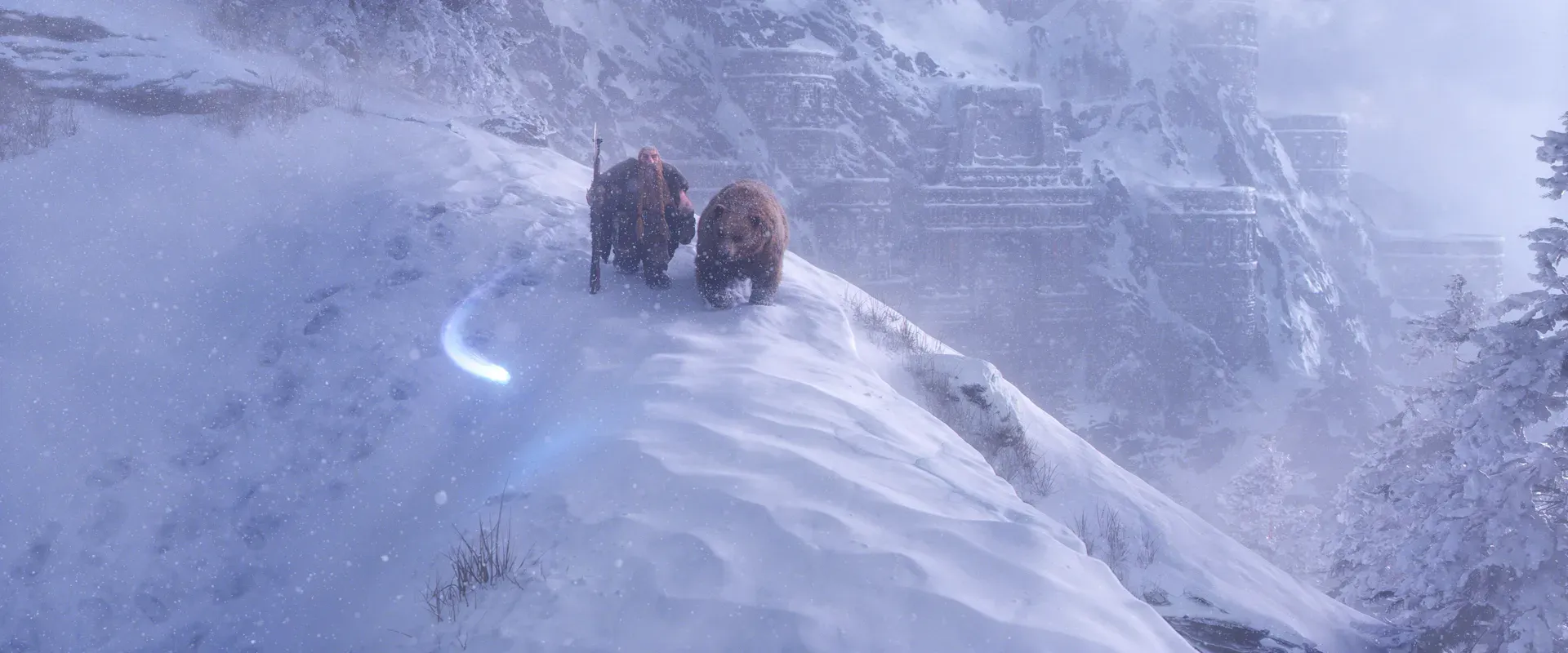 Eine reisende Person und ein Bär steigen im Cinematic zu World of Warcraft: Forever einen verschneiten Berghang hinauf