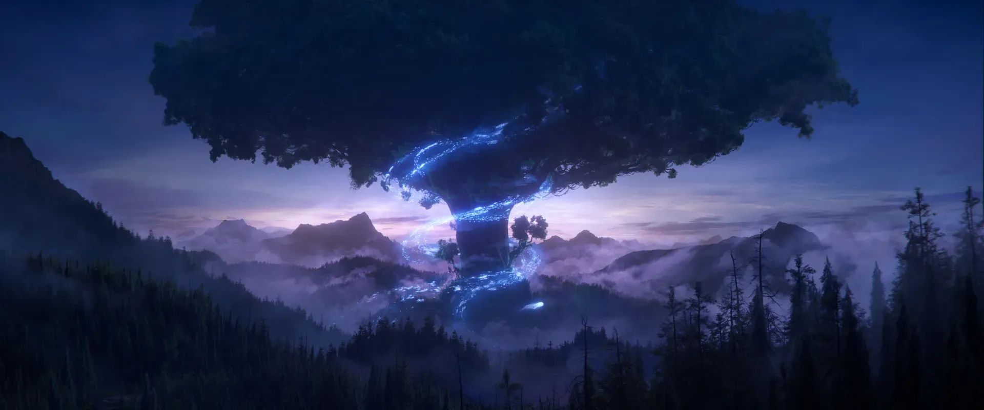 A giant tree wrapped in blue light above misty hills in the World of Warcraft: Forever cinematic