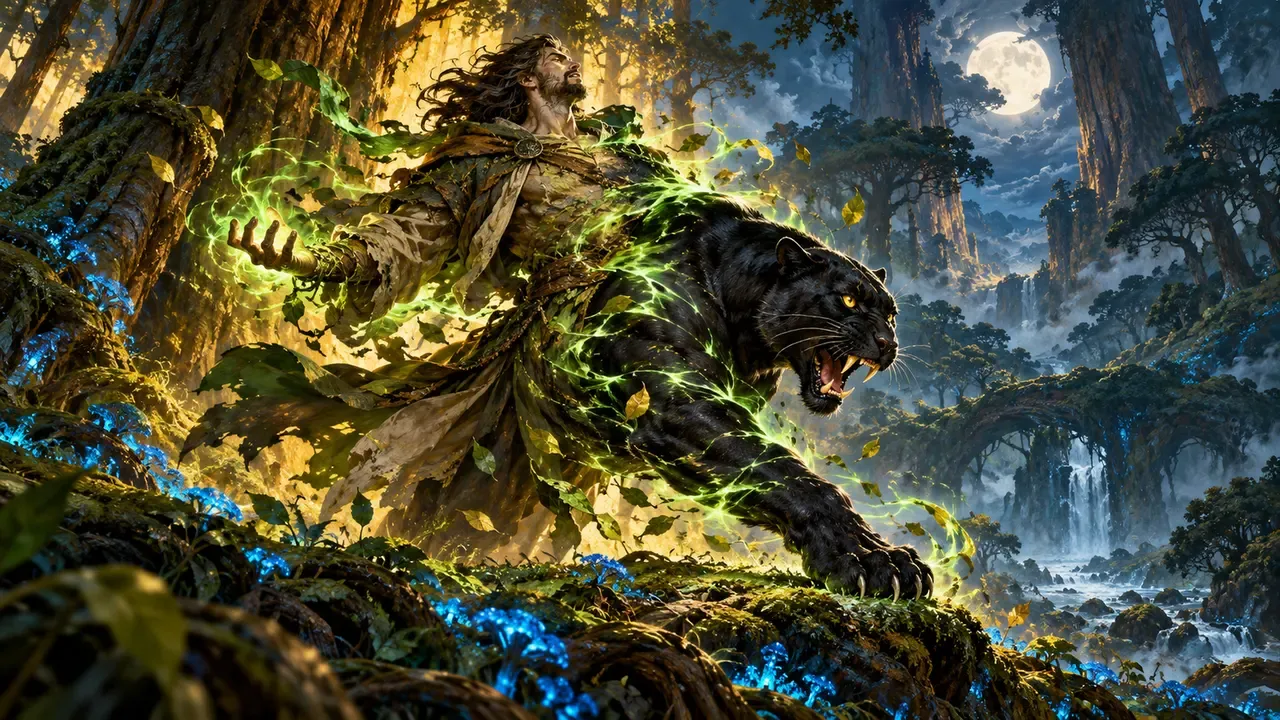 Painted illustration of a robed figure turning into a black panther in a swirl of leaves and green light in a moonlit forest of giant trees