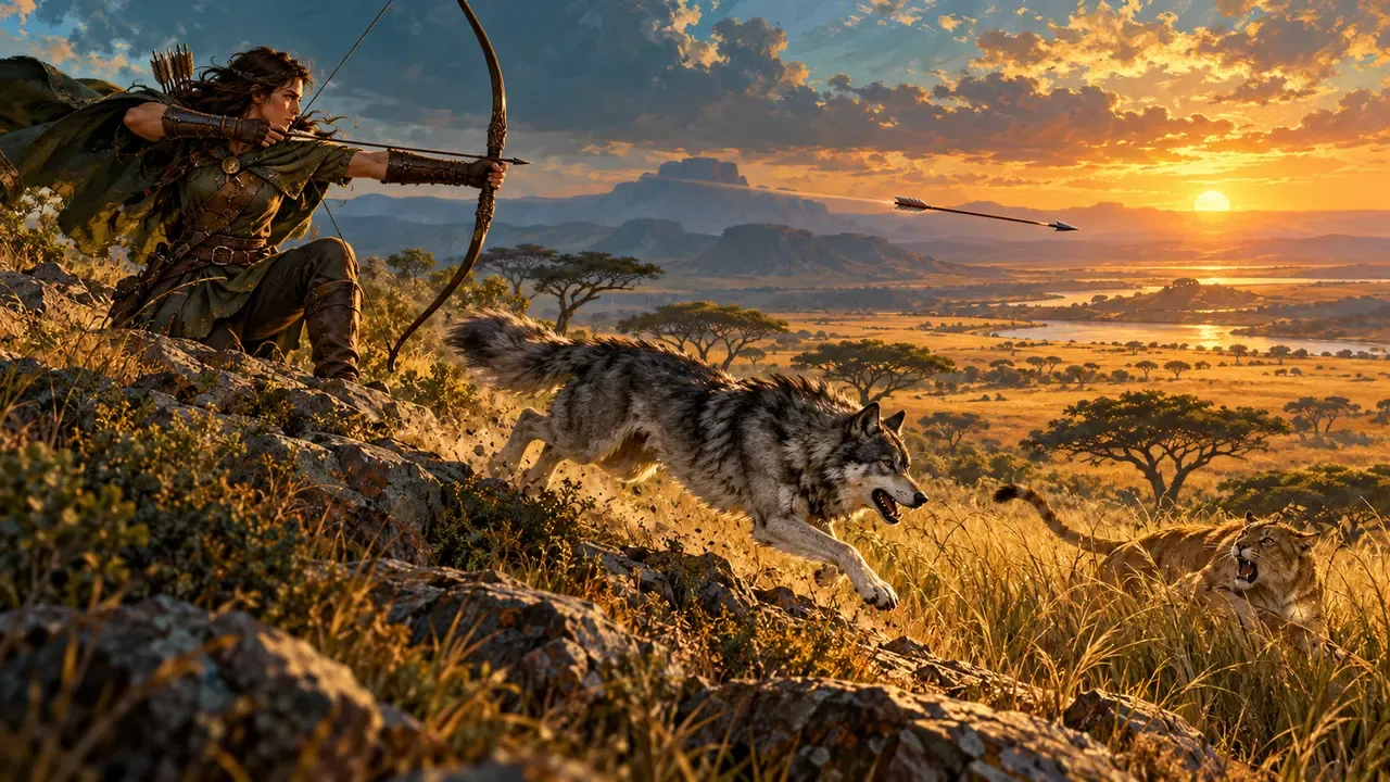 Painted illustration of an archer kneeling on a ridge above a golden savanna while a grey wolf runs toward a wild cat in the grass