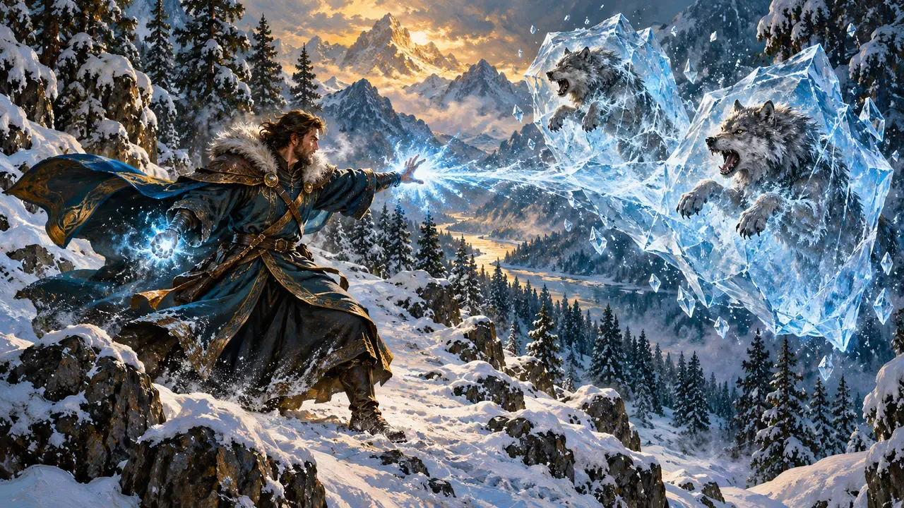 Painted illustration of a robed spellcaster on a snowy mountain path freezing two leaping wolves in ice with a bolt of frost