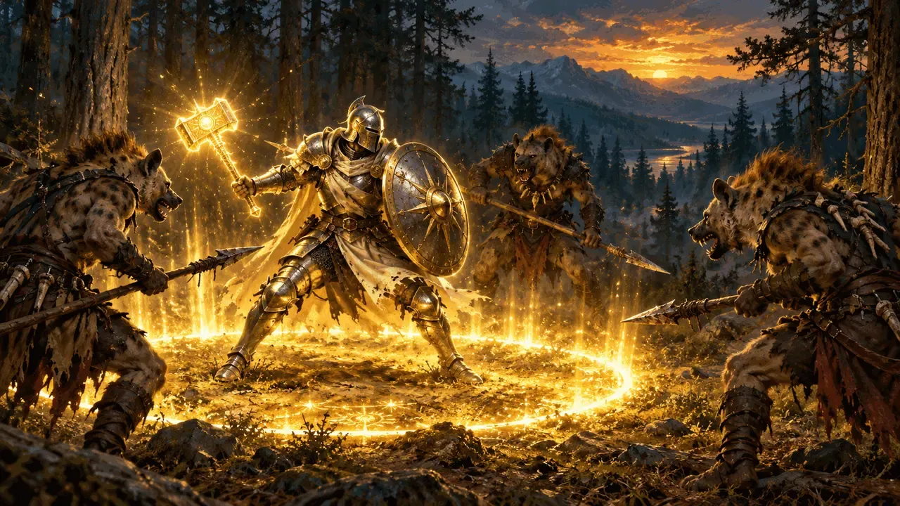 Painted illustration of a knight with a shield and a glowing hammer standing in a circle of golden light, facing hyena-headed attackers at the edge of a pine forest