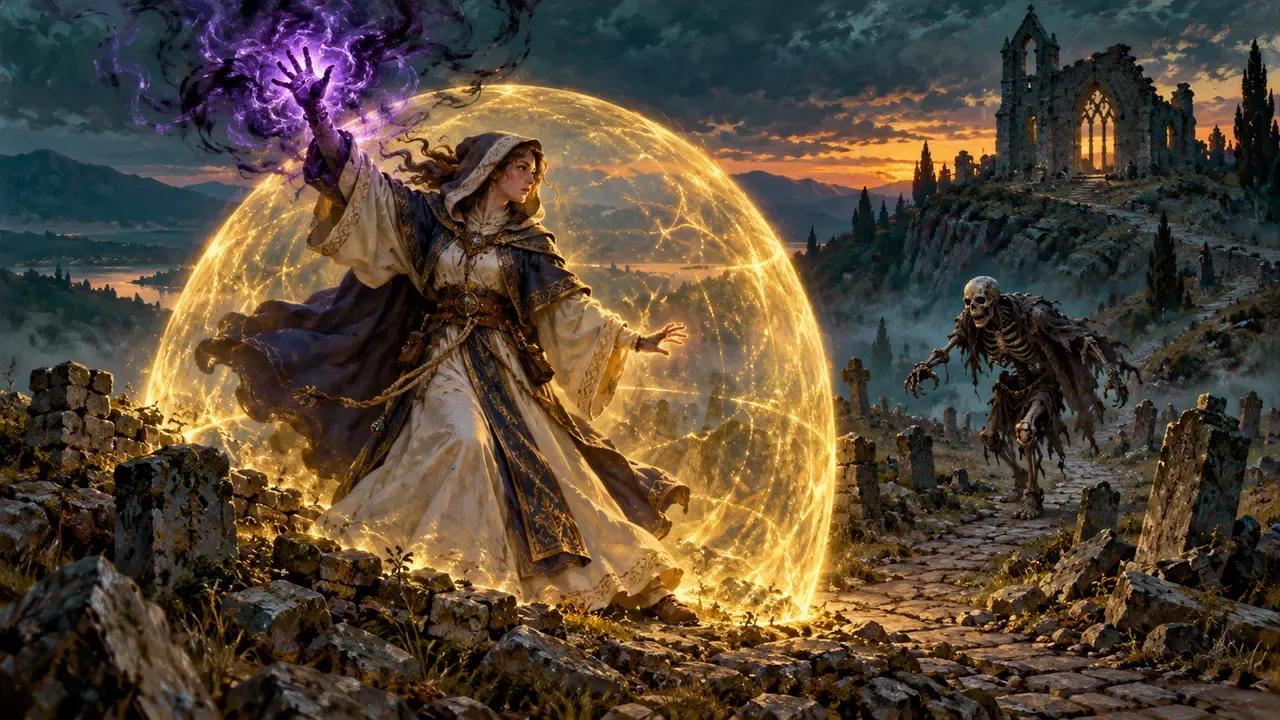 Painted illustration of a robed healer inside a golden protective dome, one hand wreathed in violet shadow, as a skeleton approaches between gravestones at dusk