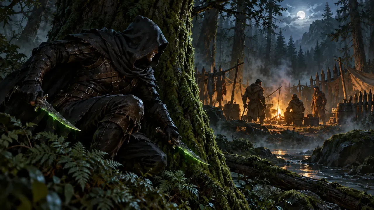 Painted illustration of a hooded figure with two poison-green daggers crouching behind a tree, watching a bandit campfire in a misty forest at night