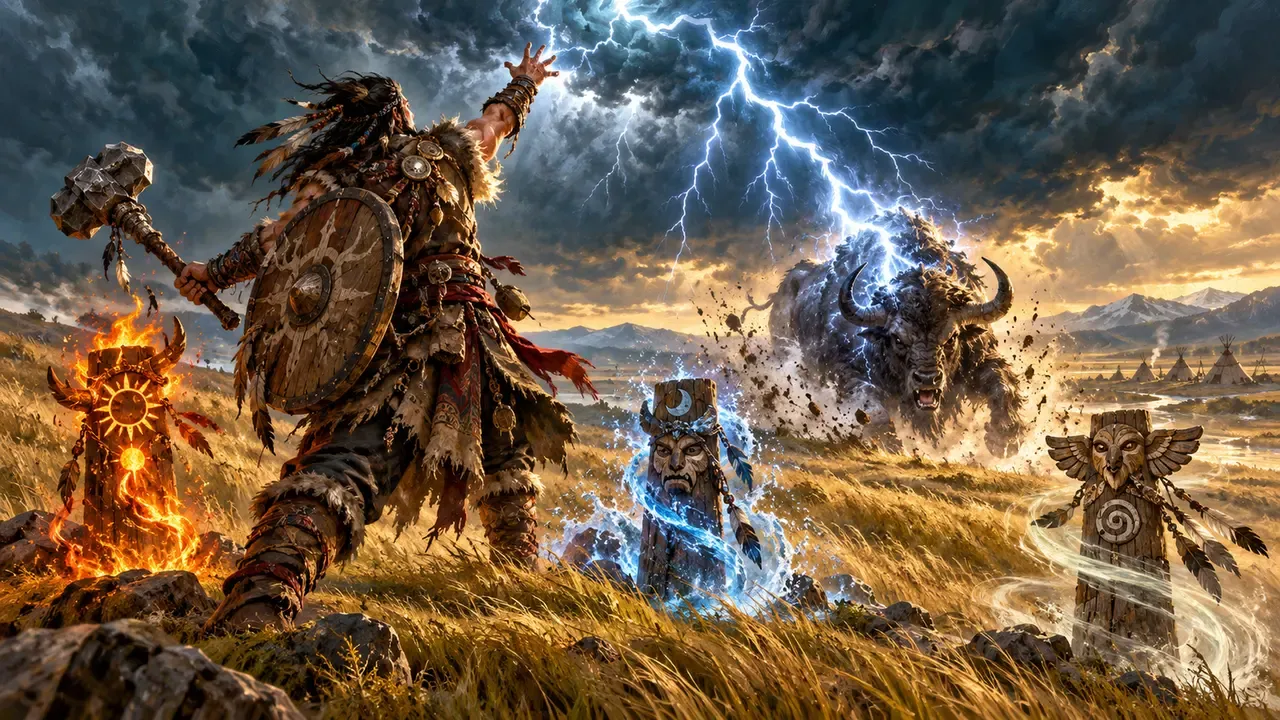 Painted illustration of a spellcaster with a mace and shield calling lightning onto a charging horned beast beside three glowing carved totems on a grassy steppe