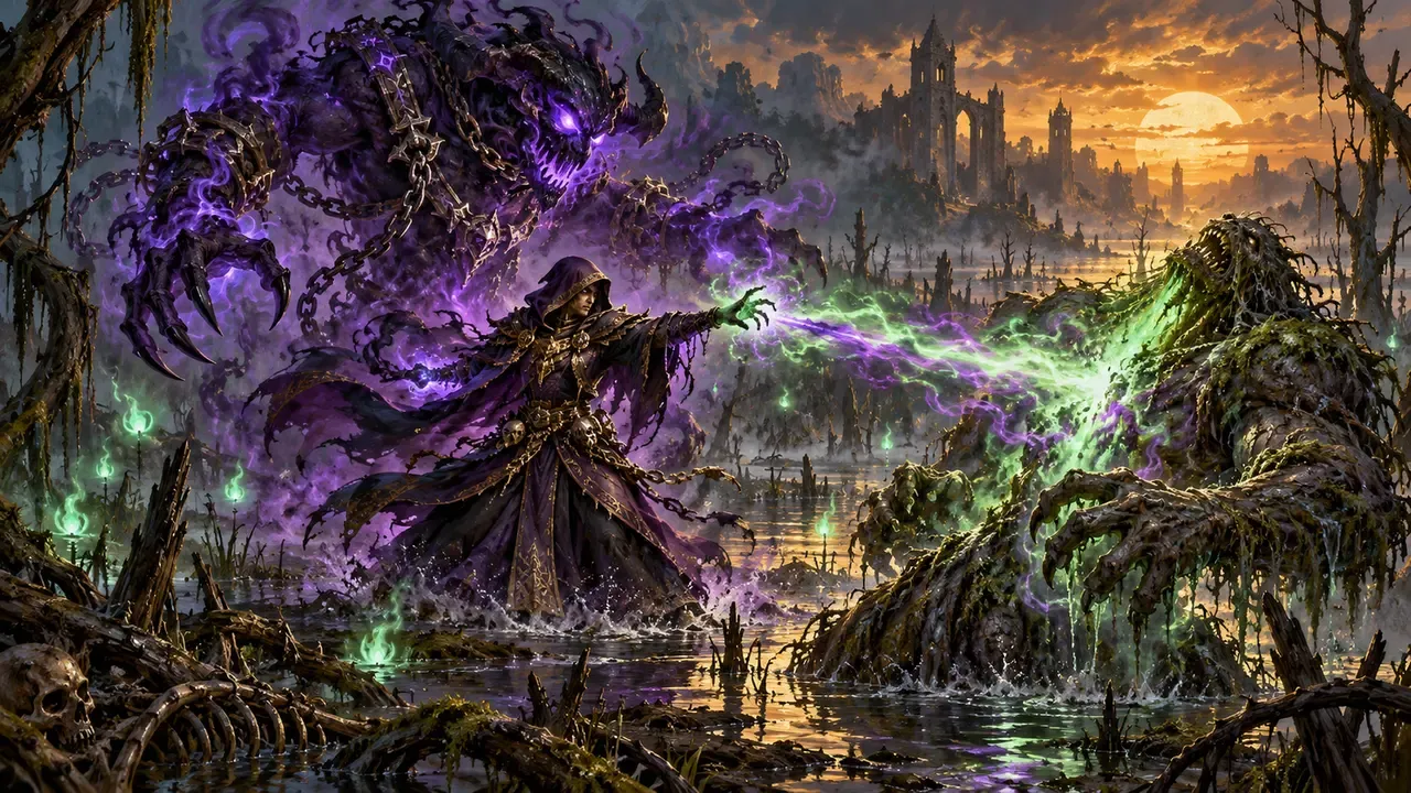 Painted illustration of a hooded spellcaster draining green energy from a swamp creature while a demon of violet smoke and chains fights beside them
