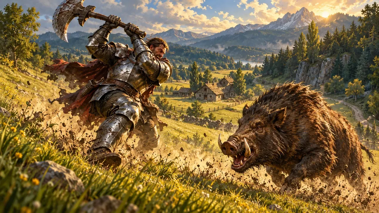 Painted illustration of an armoured fighter charging downhill with a two-handed axe at a wild boar in a sunlit meadow