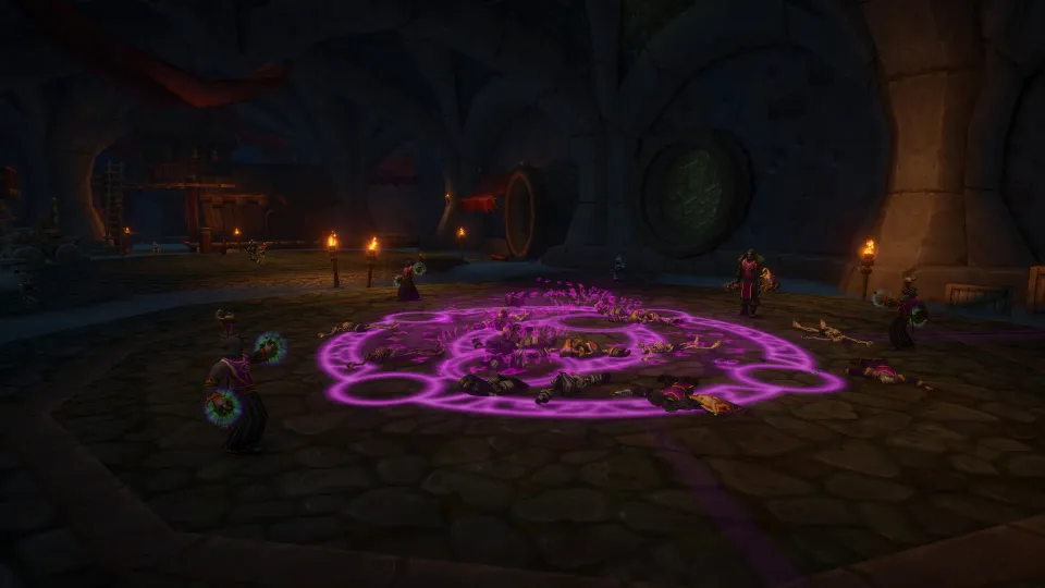 A glowing ritual circle inside the City of Dalaran dungeon in World of Warcraft: Forever