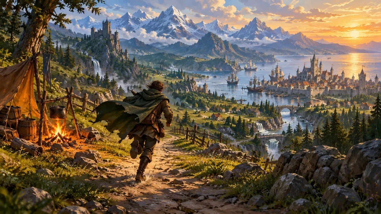 Gemalte Fantasy-Illustration eines verhüllten Reisenden, der auf einer Hochlandstraße an einem Lagerfeuer vorbei auf entfernte Berge zuläuft