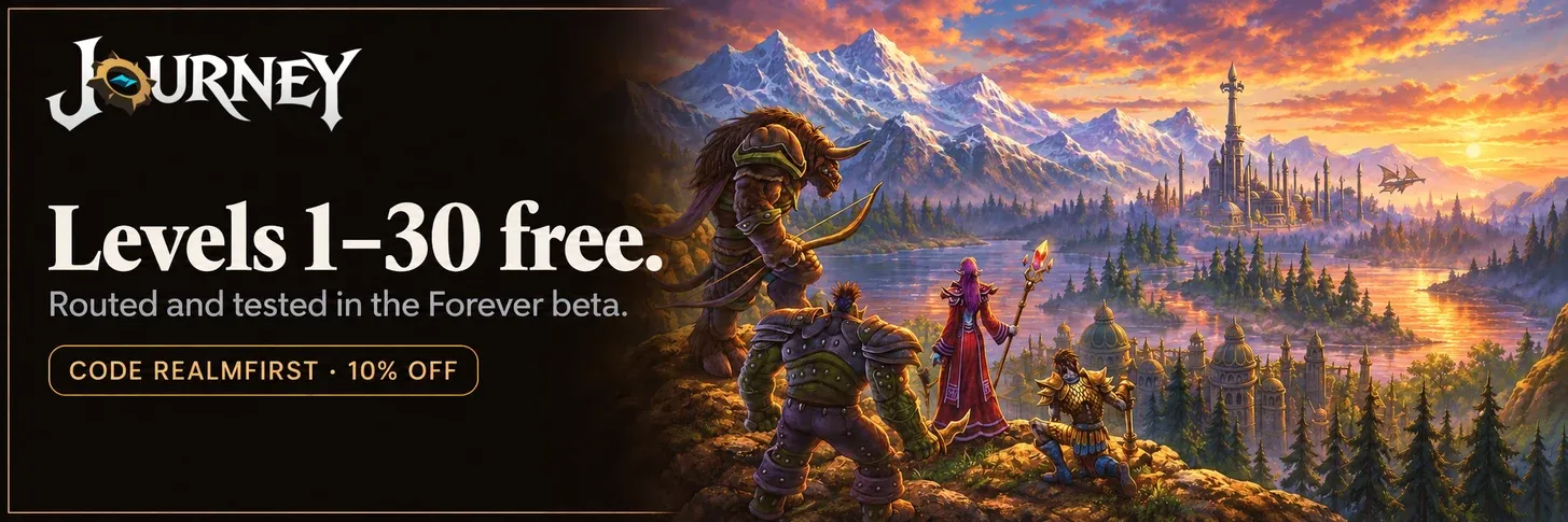Journey-Levelguide für WoW Forever: Stufen 1 bis 30 kostenlos. Mit dem Code REALMFIRST erhältst du 10% Rabatt. Partnerlink.