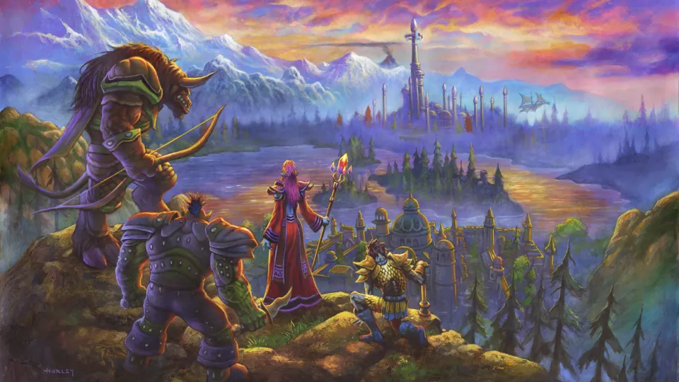 Painted World of Warcraft: Forever key art of Horde heroes looking towards a spired city