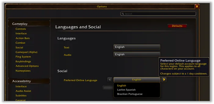 The Languages and Social options panel with a preferred online language setting in World of Warcraft: Forever