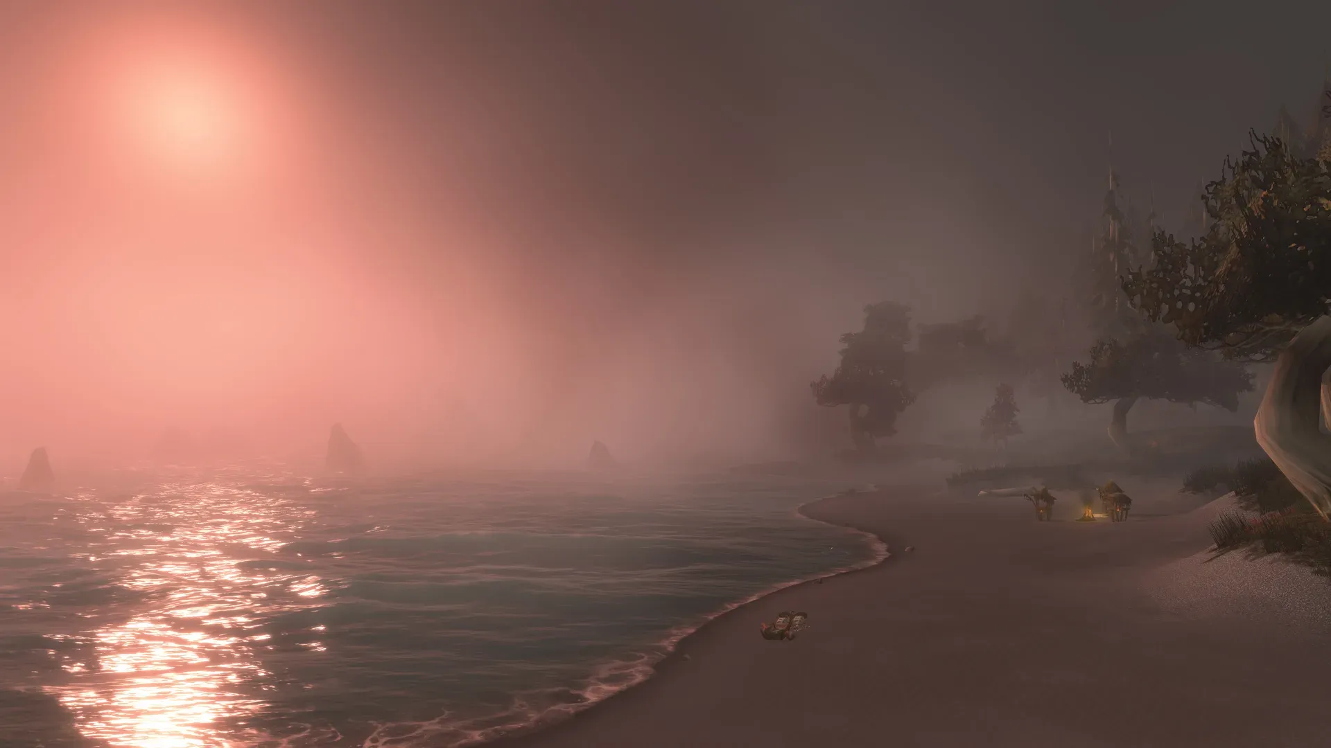 A misty red sunset over the coast of Darkshore in World of Warcraft: Forever