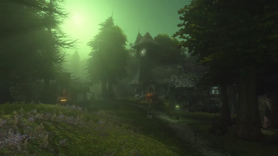 A green glow over a village in Tirisfal Glades in World of Warcraft: Forever