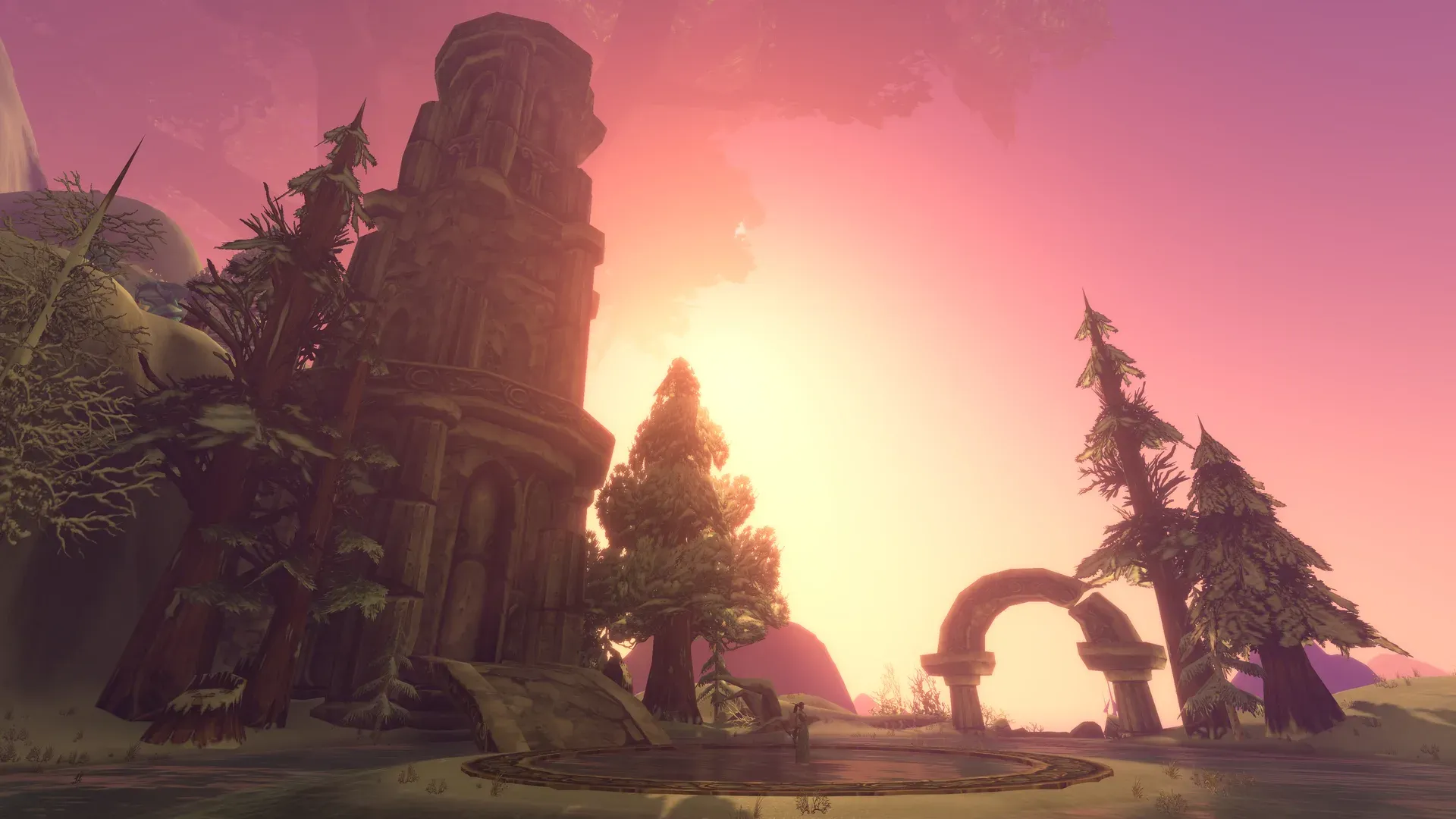 Ruinen und ein Torbogen bei Sonnenuntergang im Hyjal-Schlachtzug in World of Warcraft: Forever