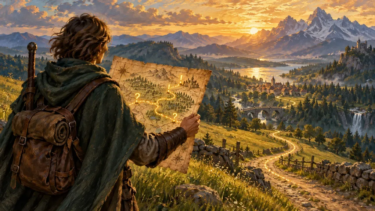 Painted illustration of an adventurer on a hilltop reading a map with a glowing quest route toward a distant village
