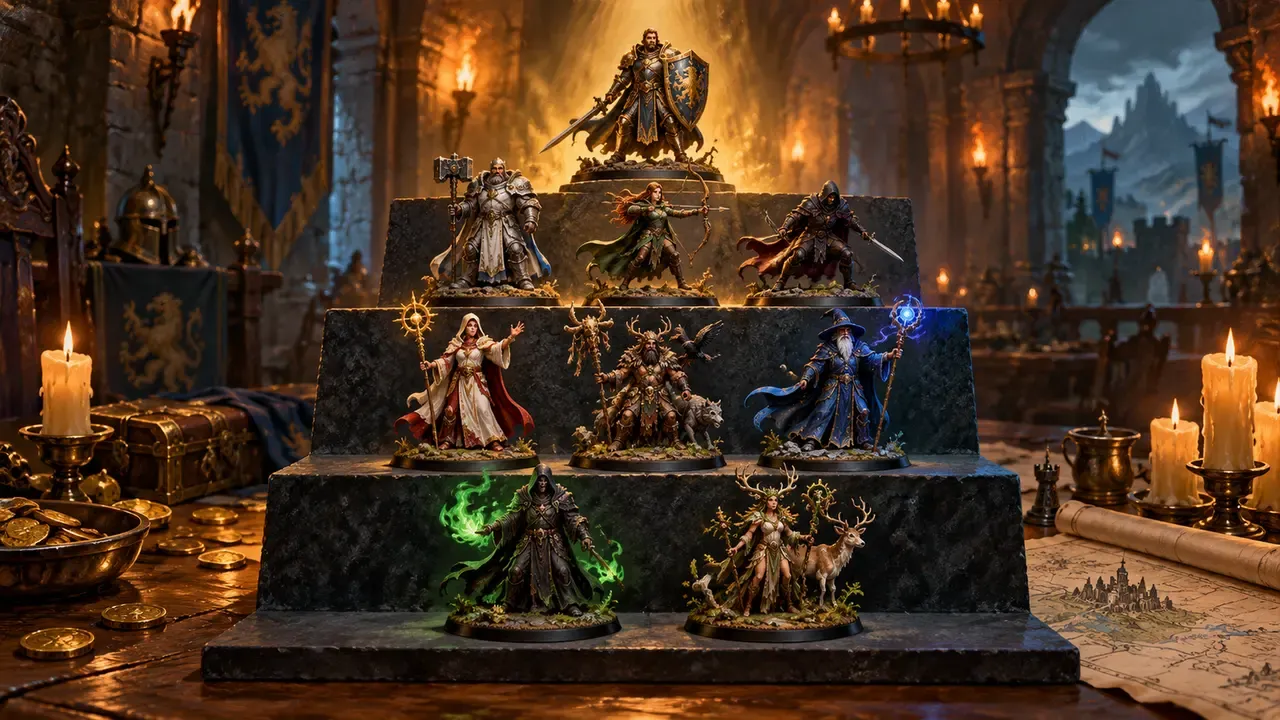 Gemalte Illustration von Fantasy-Heldenminiaturen, die nach Rang auf den Stufen eines dunklen Steinsockels in einem kerzenbeleuchteten Kriegsraum angeordnet sind, wobei die oberste Stufe golden beleuchtet ist
