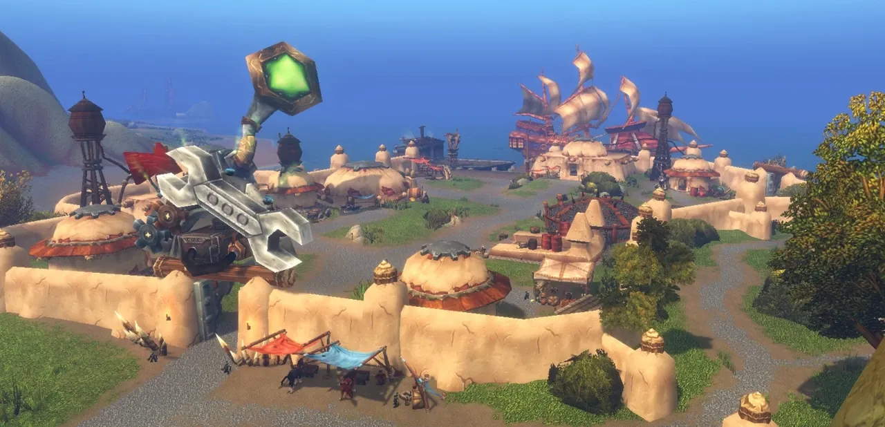 Powderfuse Port mit Goblin-Gebäuden, Kränen und vertäuten Schiffen