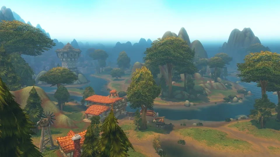 A Riverglades settlement beside waterways and green hills in World of Warcraft: Forever