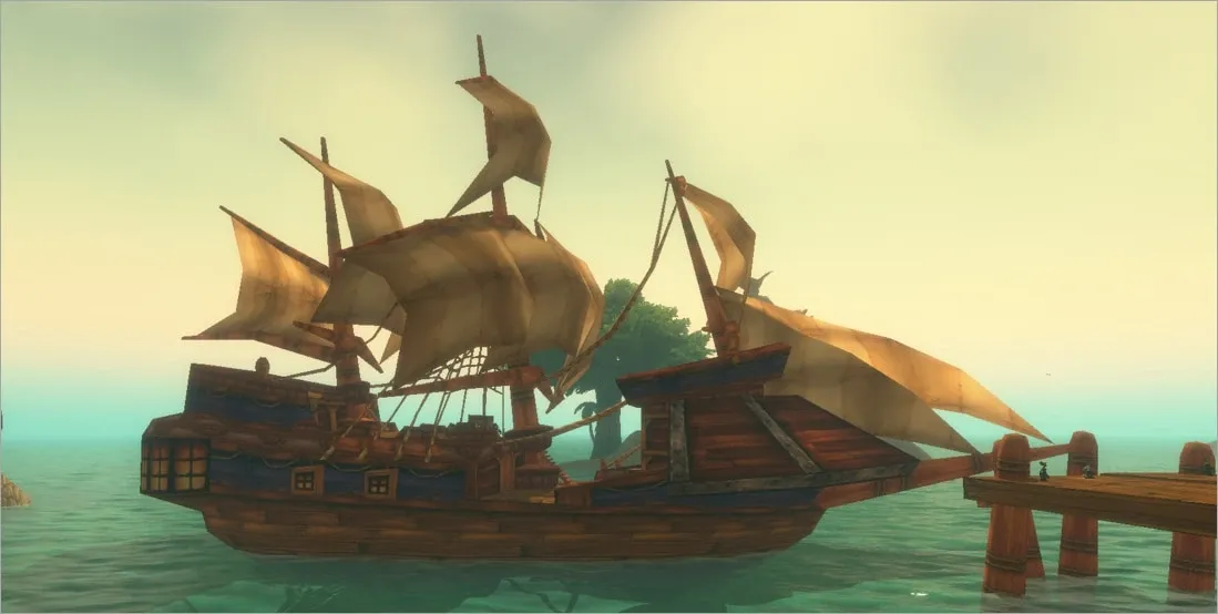 Ein Schiff des Steamwheedle-Kartells an einem hölzernen Anleger