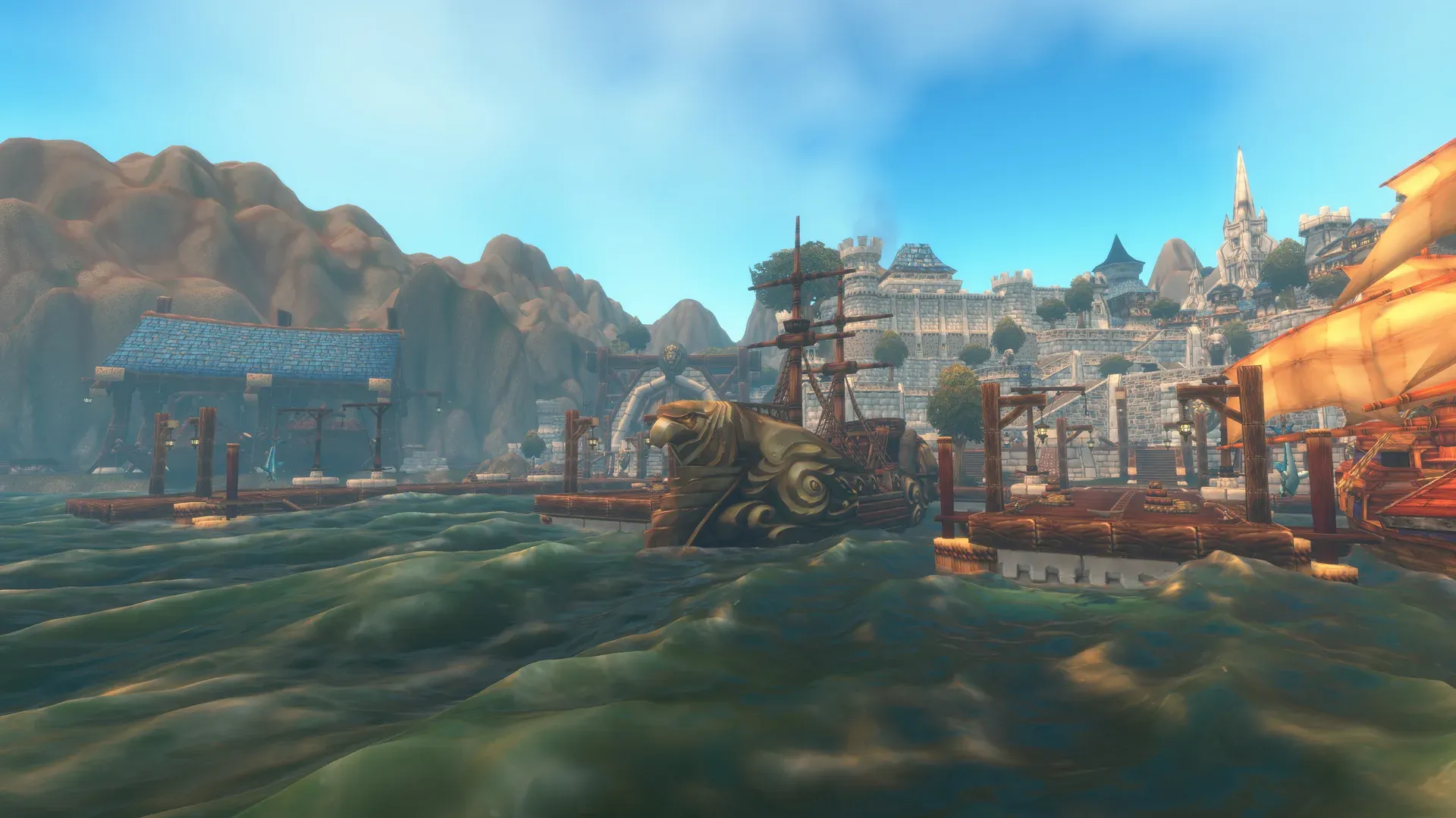 A harbour with ships below a hillside town in World of Warcraft: Forever