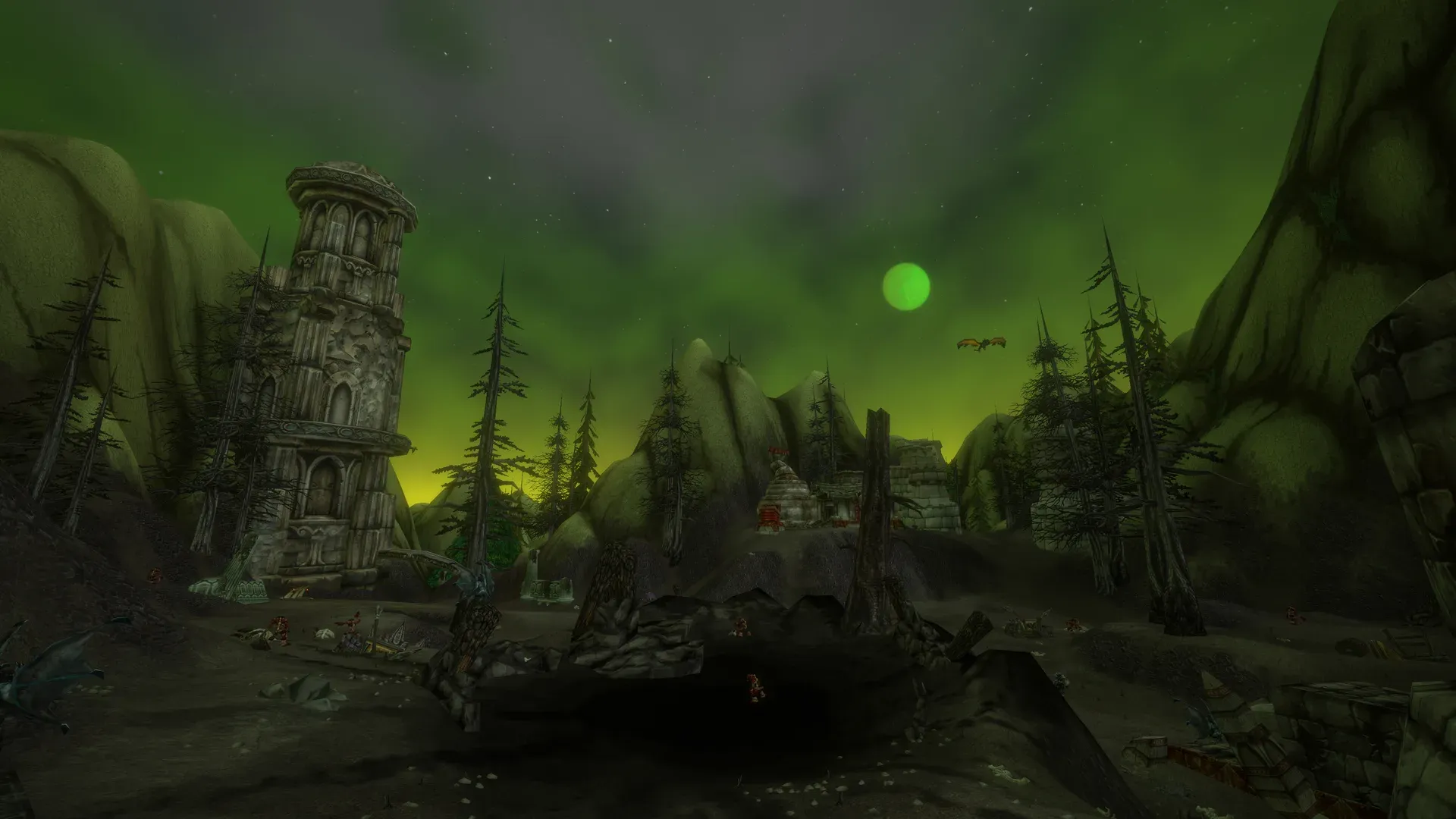 Ein verfallener Turm unter einem grünen, teuflisch leuchtenden Himmel am Mount Hyjal in World of Warcraft: Forever