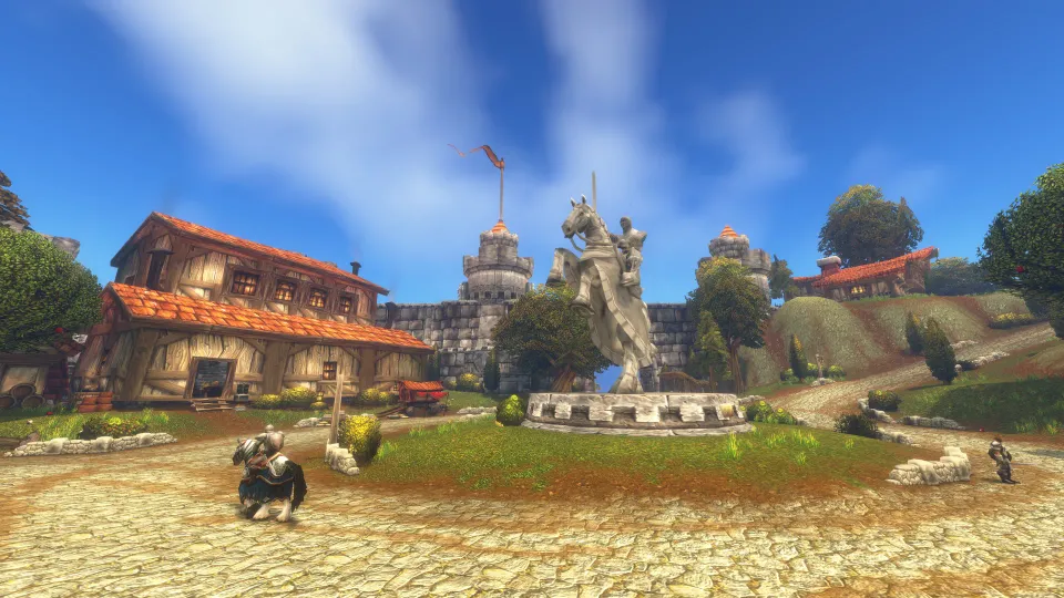 A town square with a statue in the Riverglades in World of Warcraft: Forever