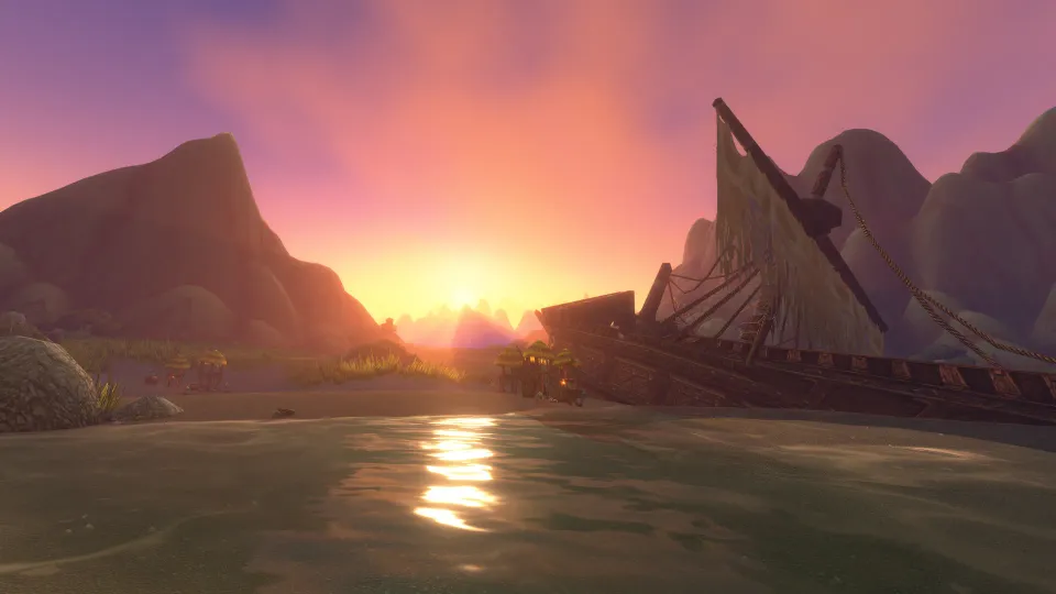 A wrecked ship on a river at sunset in the Riverglades in World of Warcraft: Forever