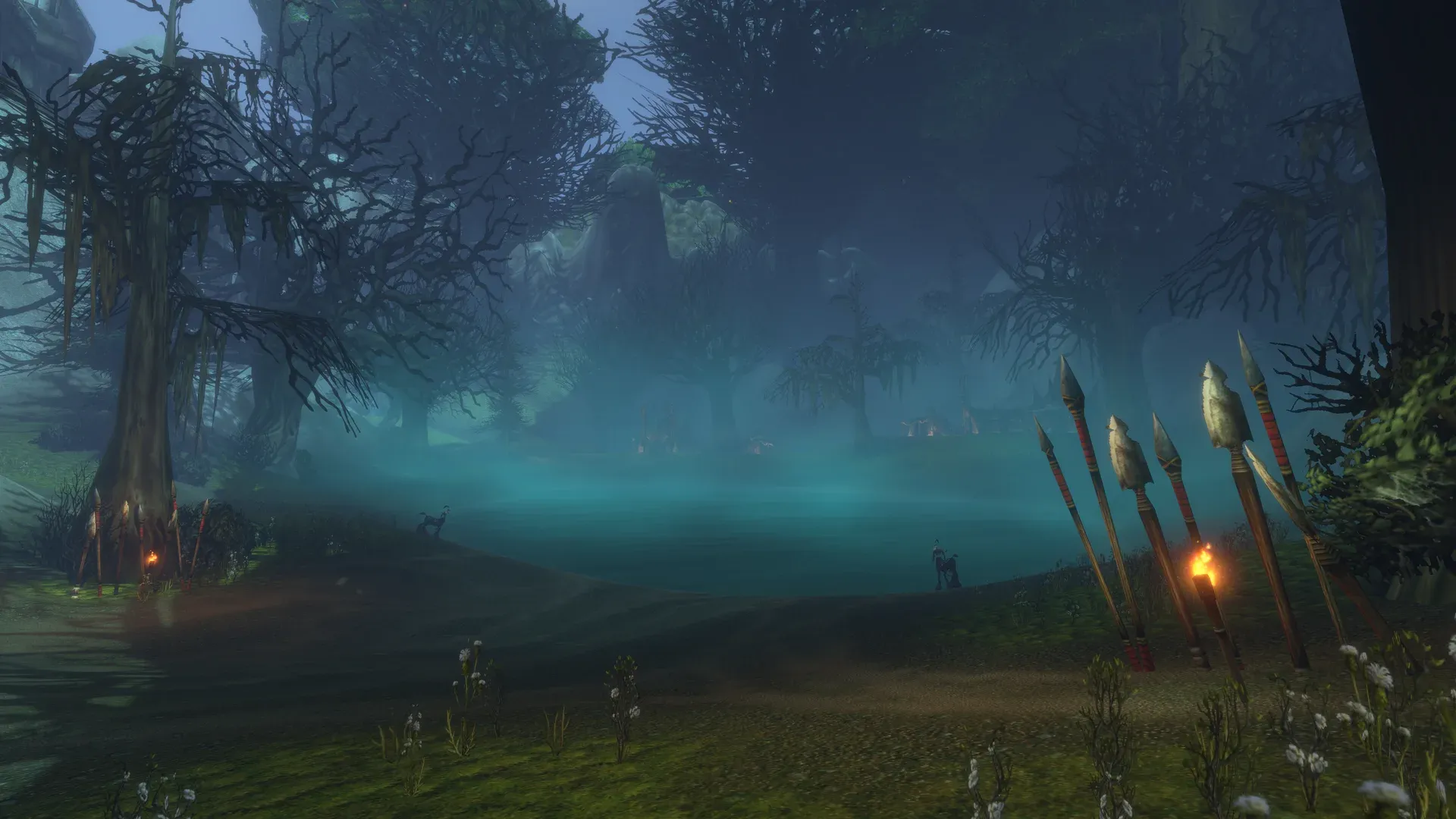 A misty marsh with torches in Shen'dralas in World of Warcraft: Forever