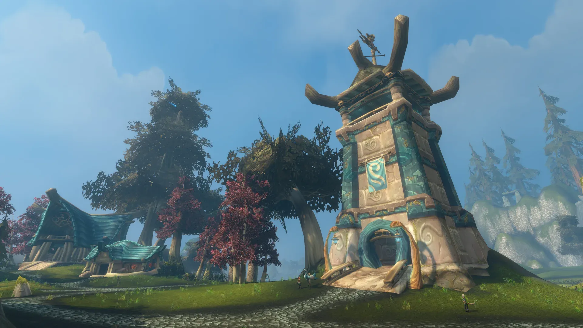 A carved shrine tower among trees on Zephras Isle in World of Warcraft: Forever