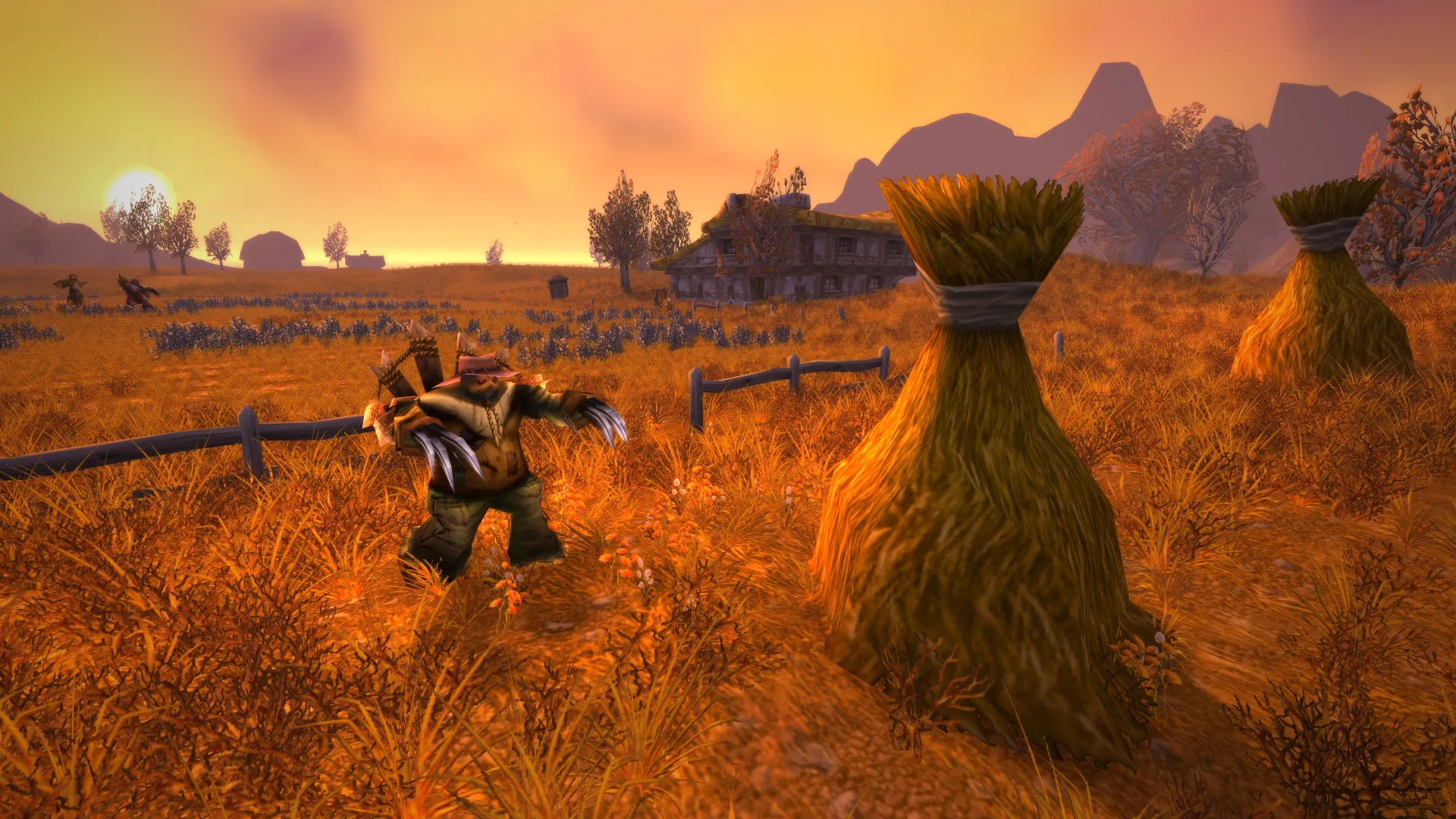 World of Warcraft Classic harvest golem walking through Westfall wheat fields at sunset