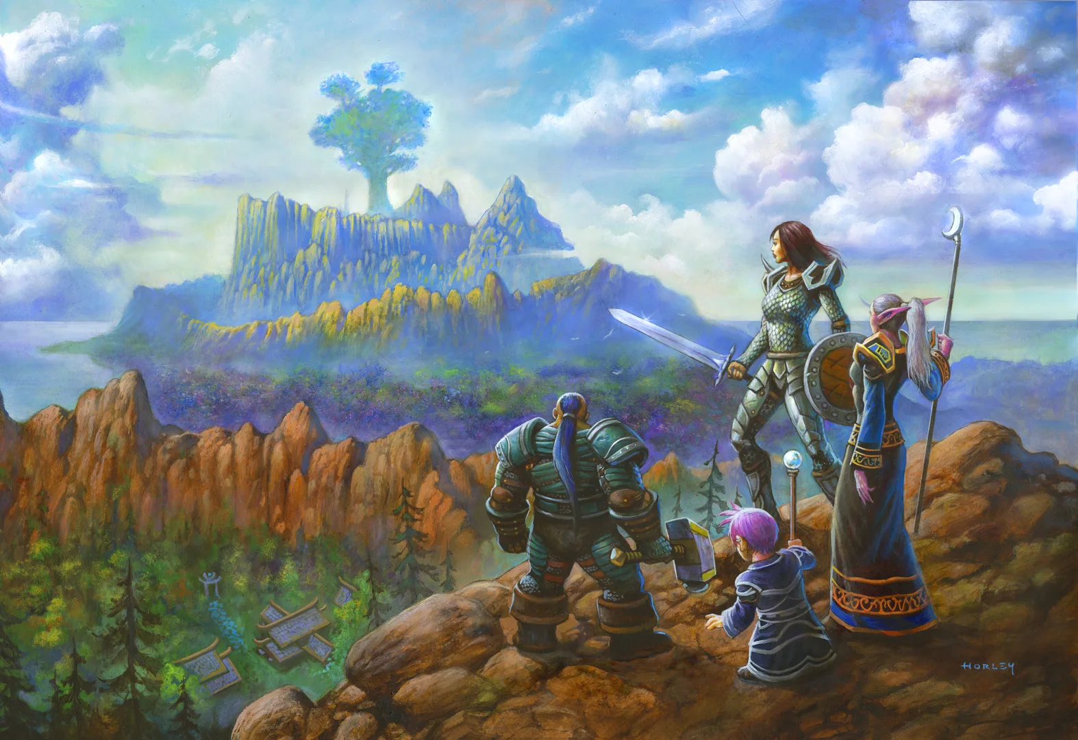 Gemalte Key-Art zu World of Warcraft: Forever mit Helden der Allianz, die über ein Tal blicken