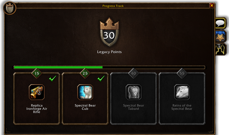 The Legacy Points progress track with rewards at 15, 25, 40 and 55 points in World of Warcraft: Forever